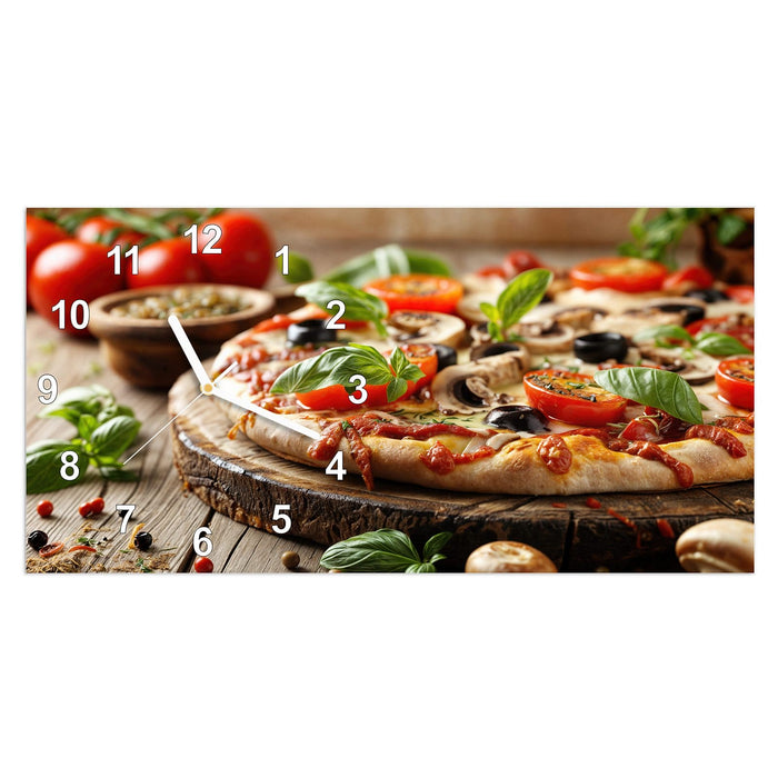 Wanduhr Pizza im Holzofen aus Glas – Querformat 60 × 30 cm mit Ziffernblatt Modern