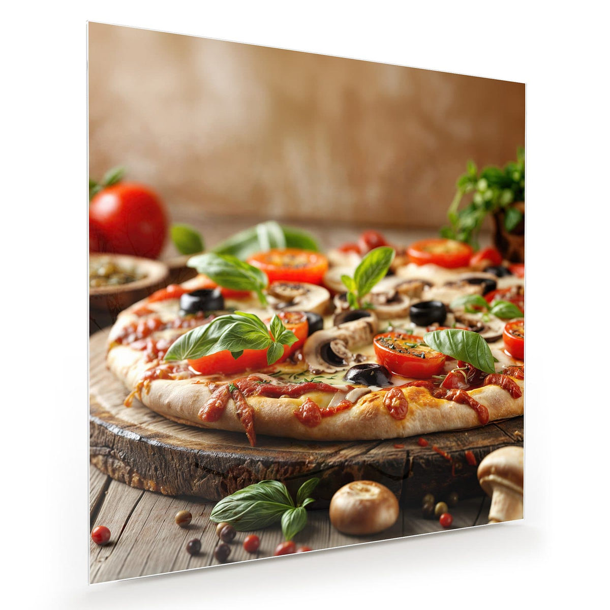 Gemüsepizza auf einer rustikalen Holzscheibe, Basilikum und Tomaten drumherum, kein Ofen