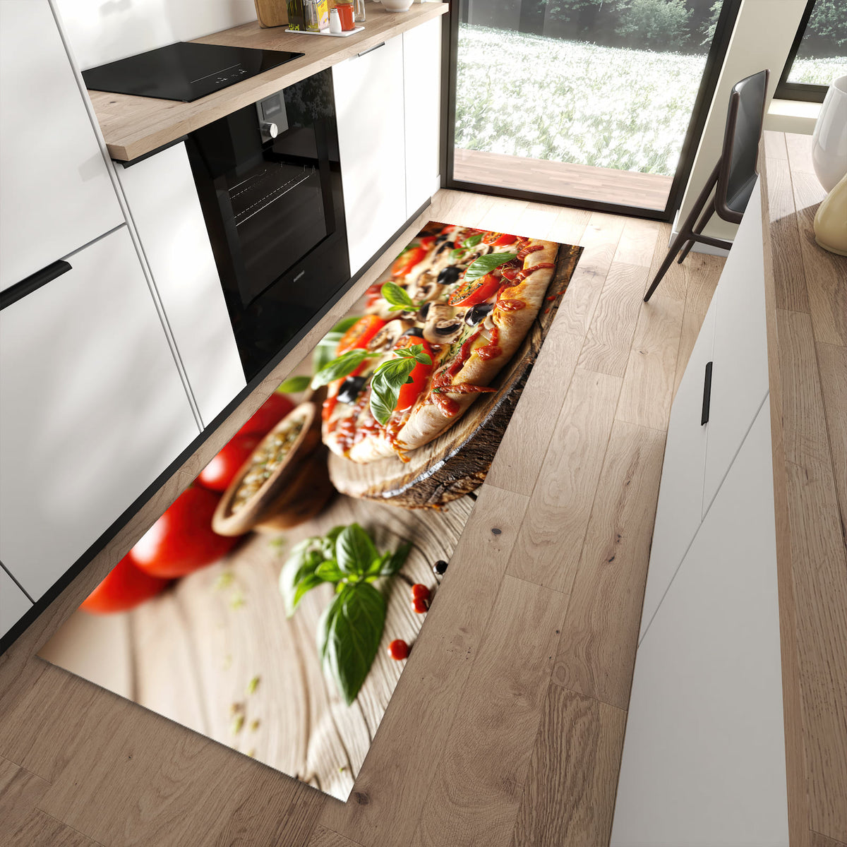 Komfortabler waschbarer Küchenteppich mit Motiv Pizza im Holzofen in moderner Küche