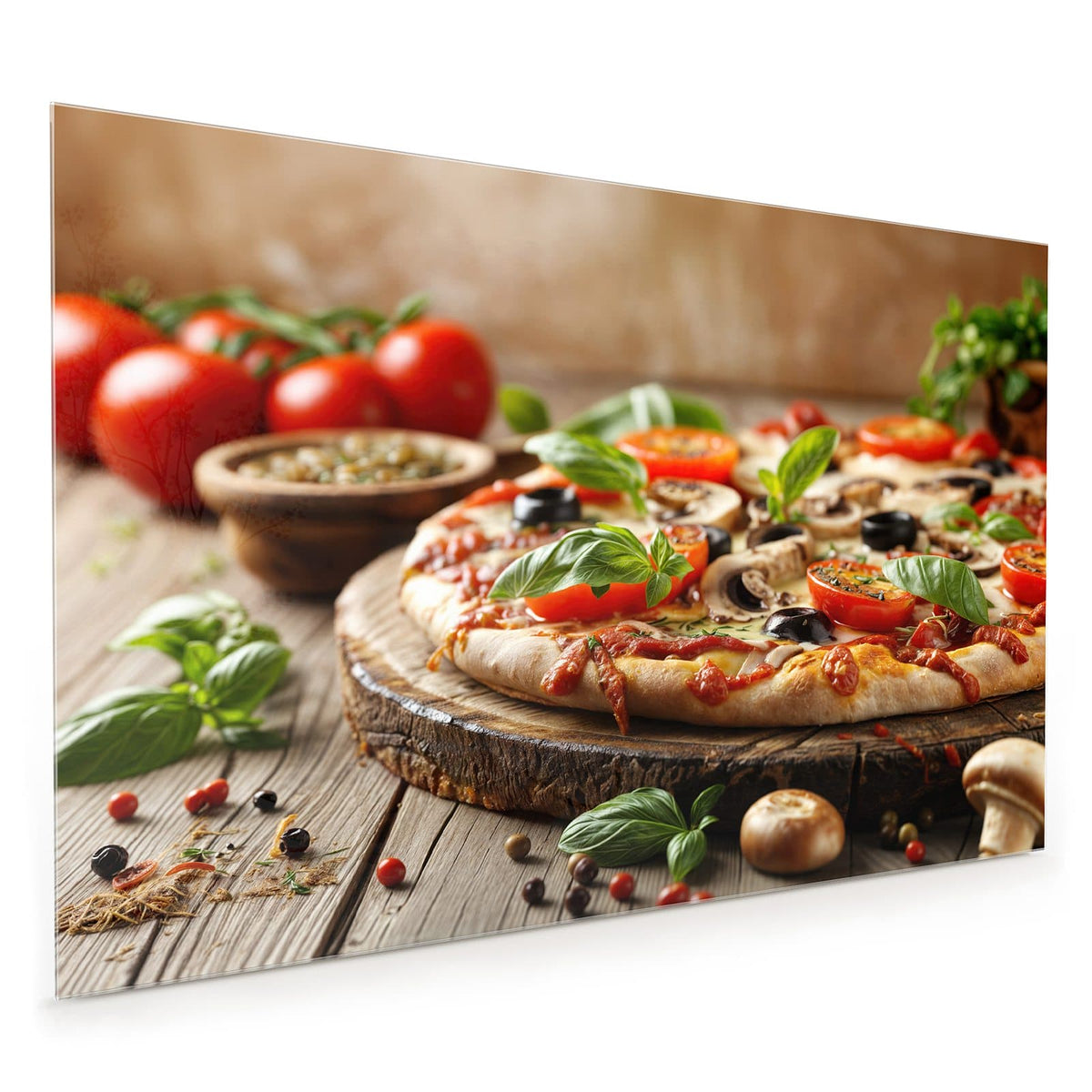 Küchenrückwand aus Glas im Hochformat mit Motiv Pizza auf Holzbrett: Gemüsepizza auf einer rustikalen Holzscheibe, Basilikum und Tomaten drumherum, kein Ofen