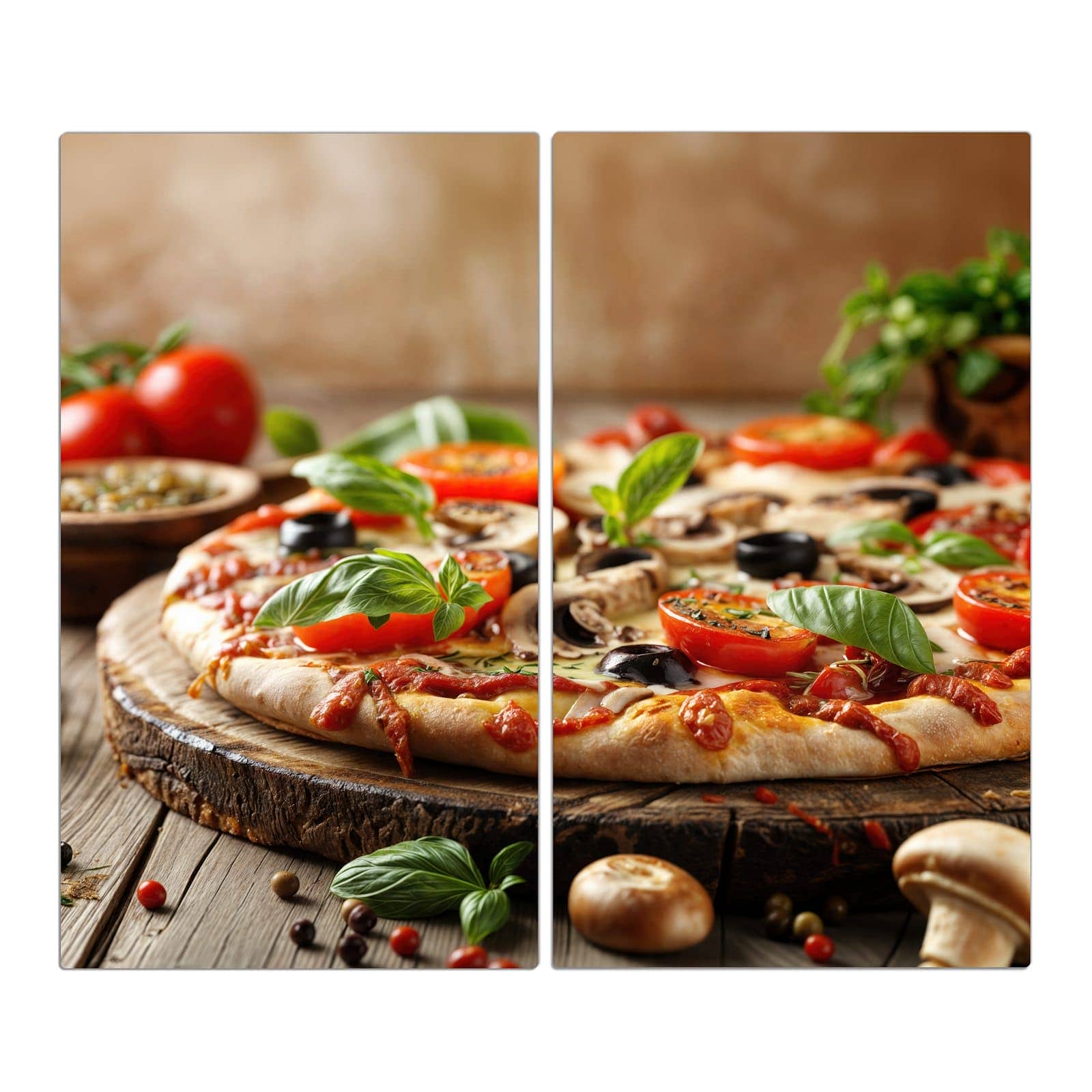 2-teilige Ceranfeld Abdeckplatten mit Pizza im Holzofen-Motiv in der Frontansicht
