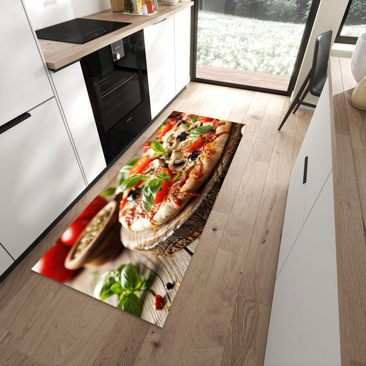 Pflegeleichter Küchenteppich mit Motiv Pizza im Holzofen in moderner Küche
