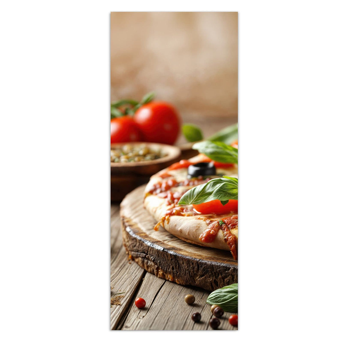 Wandbild - Pizza auf Holzbrett - Hochformat – Pizza auf rustikalem Holzbrett