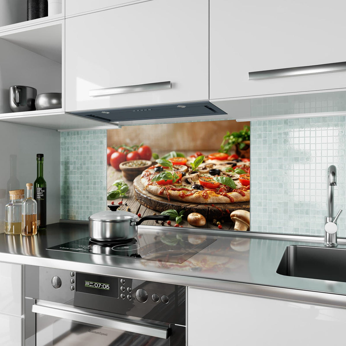 Küchenrückwand aus Glas Pizza auf Holzbrett im Hochformat als Spritzschutz hinter dem Kochfeld, über dem Fliesenspiegel montiert