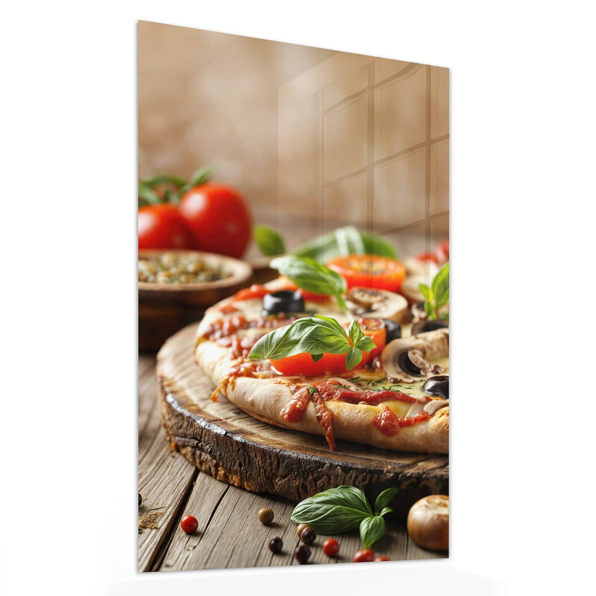 11 Größen – von 30 × 60 bis 60 × 150 cm – Wandbild - Pizza auf Holzbrett - Hochformat