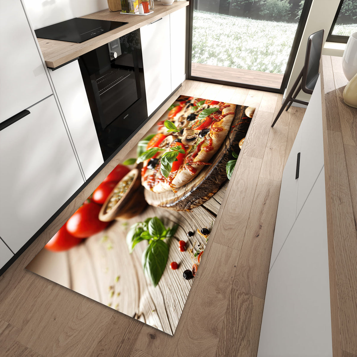 Hygienischer Küchenteppich mit Motiv Pizza im Holzofen in moderner Küche - leicht waschbar