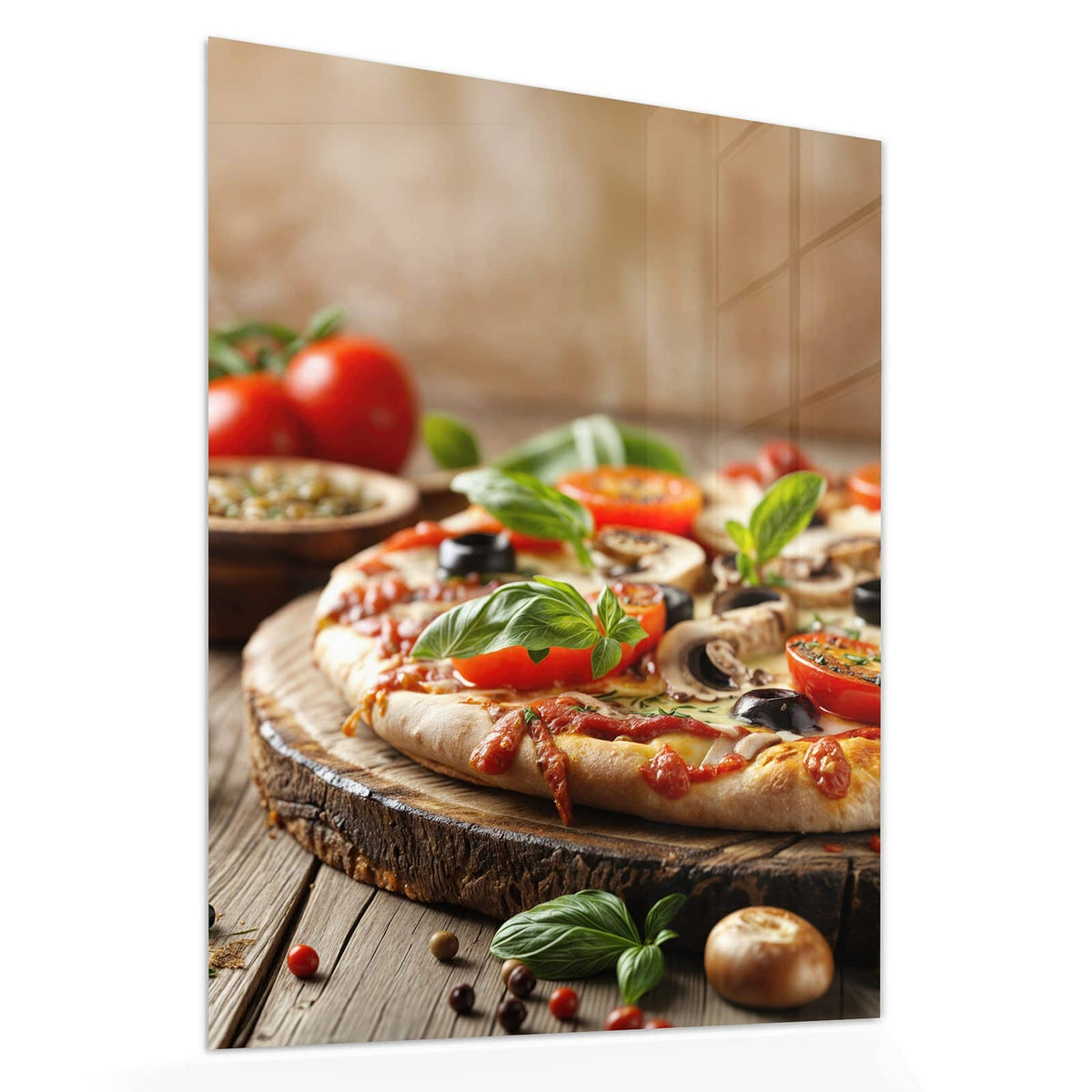 Echtglas, 4 mm – kein Acryl, keine Folie – Wandbild - Pizza auf Holzbrett - Hochformat