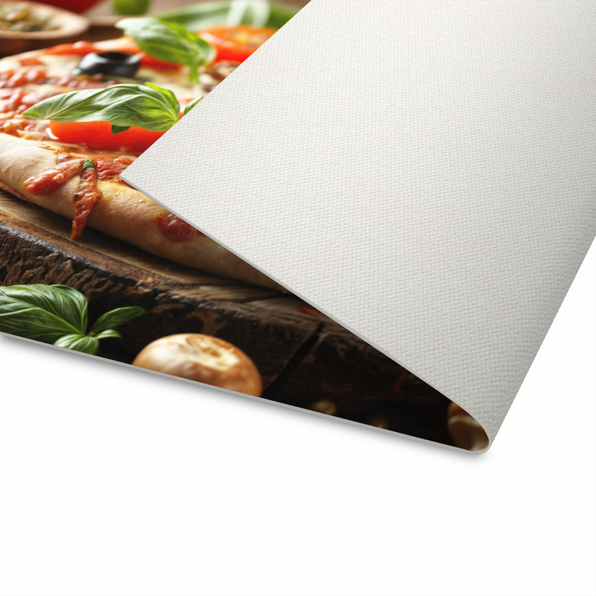 Strapazierfähiger Küchenvorleger mit Motiv Pizza im Holzofen auf der Unterseite