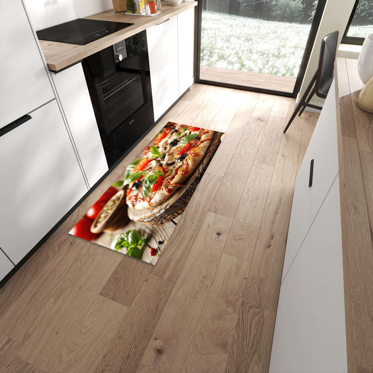 Waschbarer dünner Küchenteppich mit Motiv Pizza im Holzofen in moderner Küche #grösse_60 x 150 cm