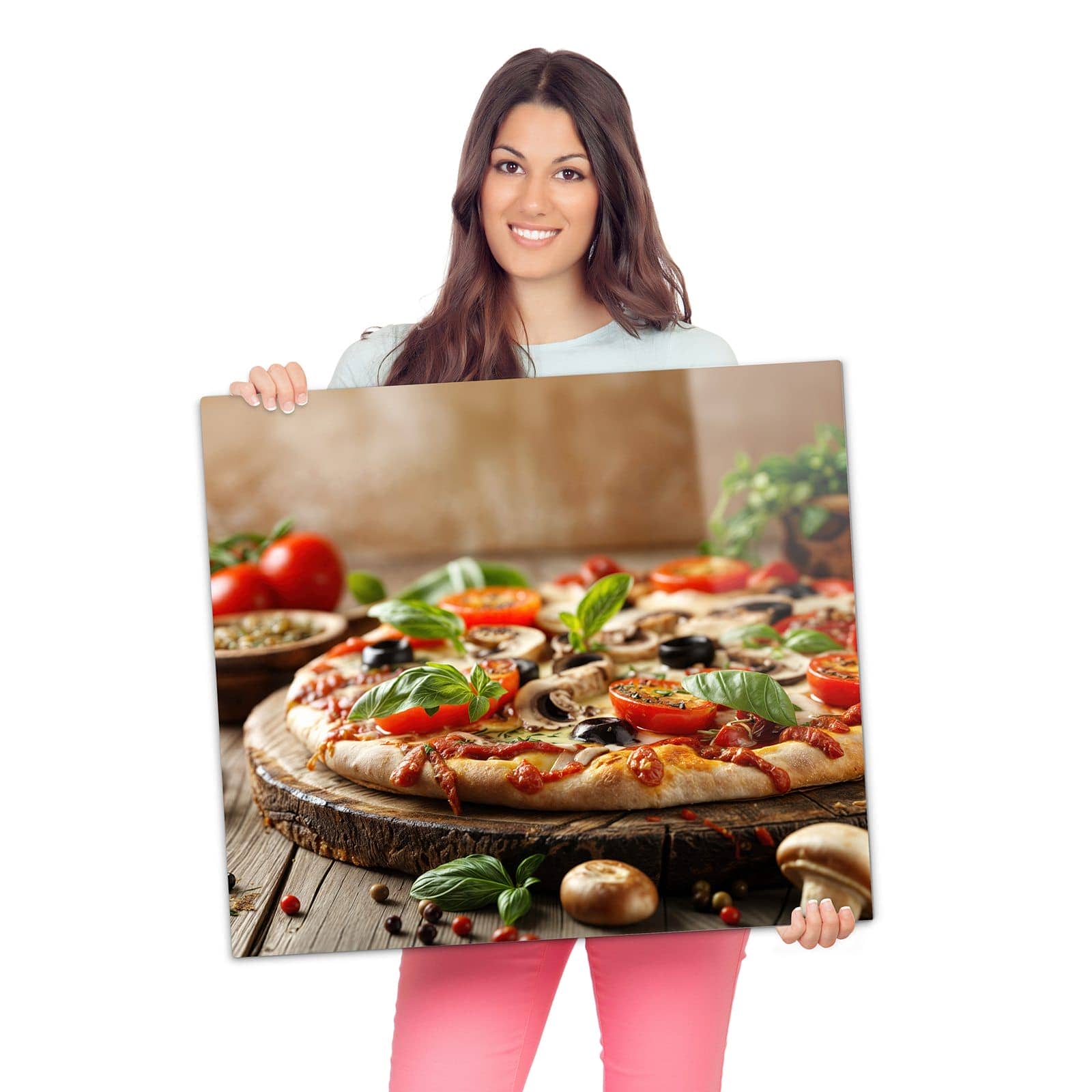 Herdabdeckplatten für Ceranfeld mit Pizza im Holzofen-Motiv wird zur Größendarstellung gehalten