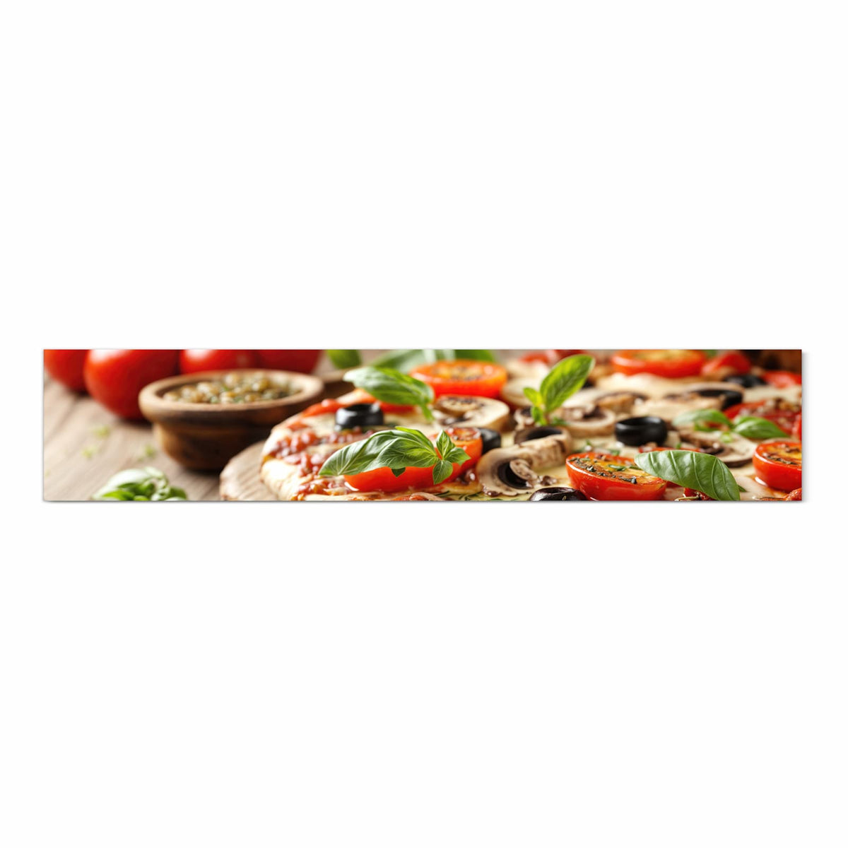 UV-beständiger Küchenteppich mit Motiv Pizza im Holzofen in Frontansicht für die Küche