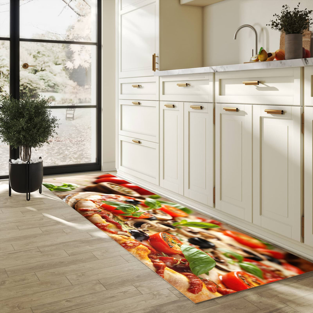 Rutschfester Küchenteppich mit Motiv Pizza im Holzofen in heller Küche für sicheren Stand