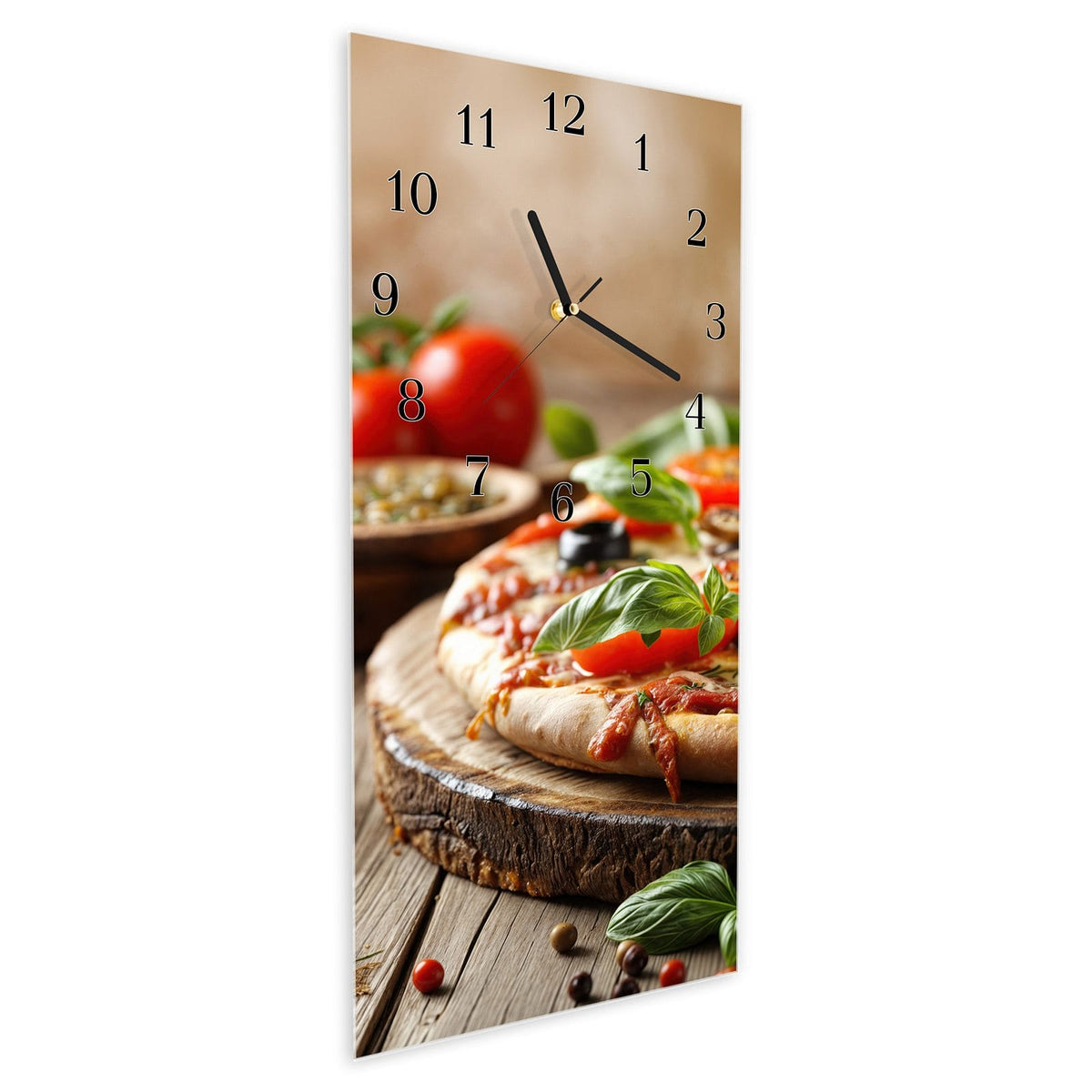 Vormontiert – mit Schwebeeffekt – Wanduhr Pizza im Holzofen aus Glas – Hochformat 30 × 60 cm