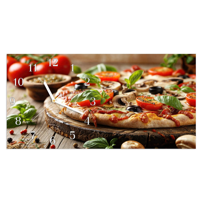 Wanduhr Pizza im Holzofen aus Glas – Querformat 60 × 30 cm mit Ziffernblatt Klassisch