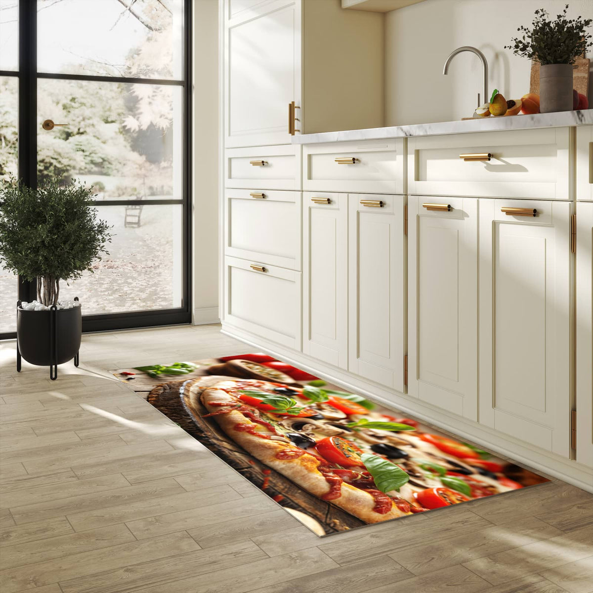 Bodenschonender waschbarer Küchenteppich mit Motiv Pizza im Holzofen in heller Küche