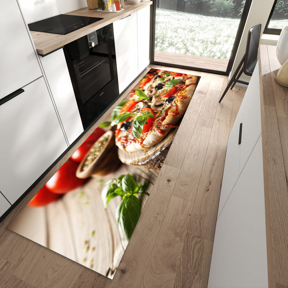 Rutschfester Küchenläufer mit Motiv Pizza im Holzofen in moderner Küche