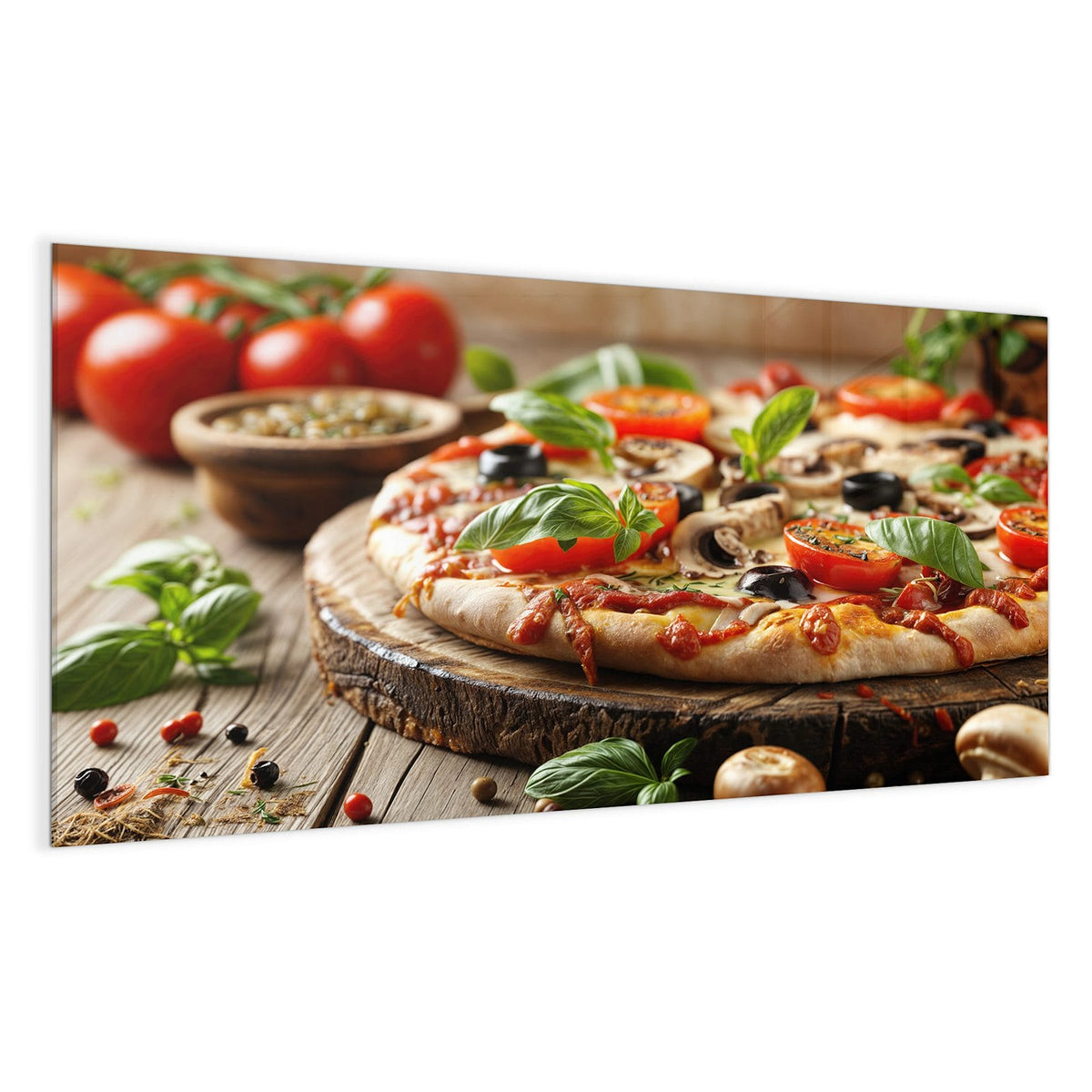 Gemüsepizza auf einer rustikalen Holzscheibe, Basilikum und Tomaten drumherum, kein Ofen