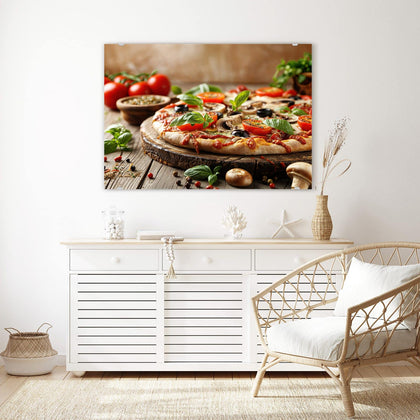 Wandbild mit dem Motiv Pizza auf Holzbrett