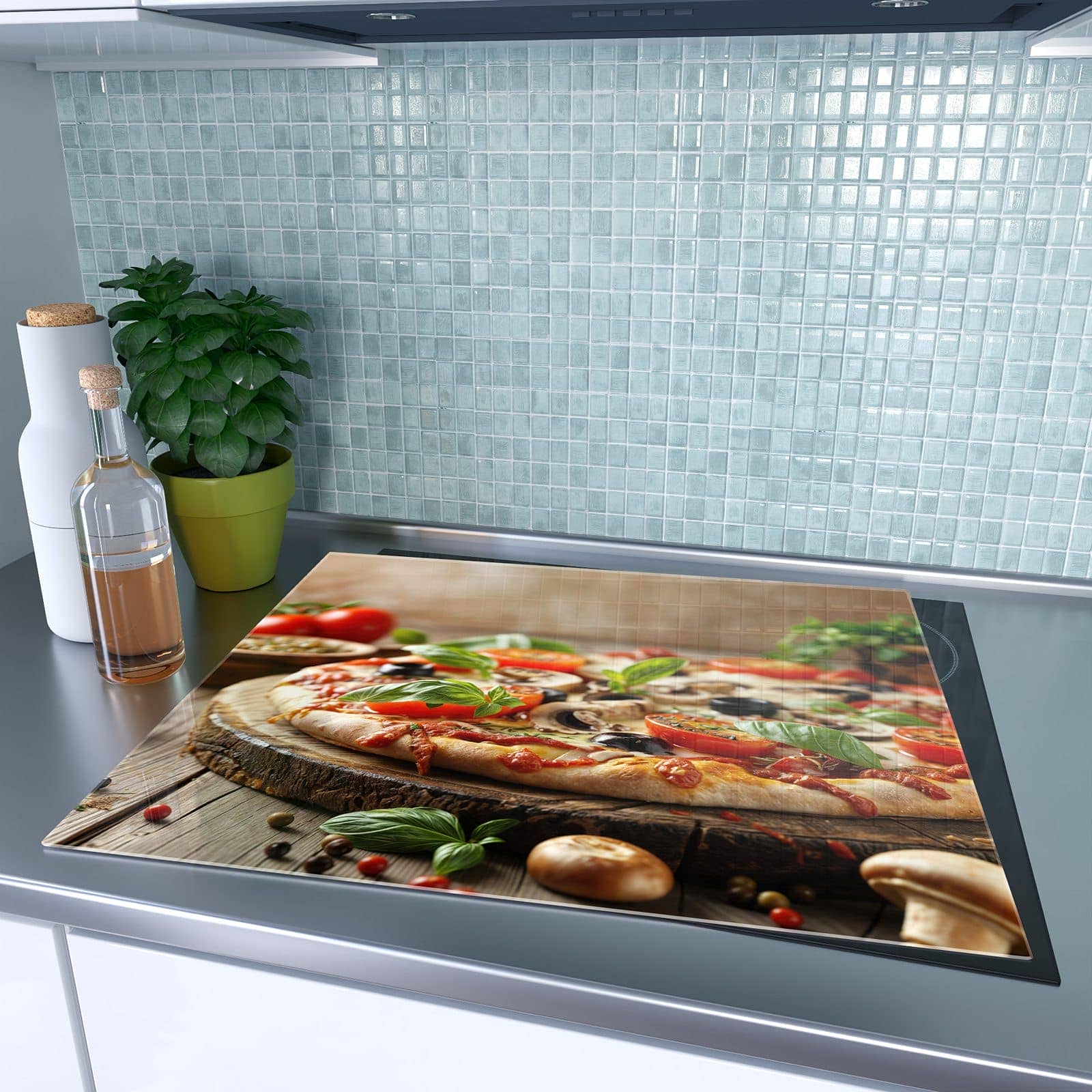 1-teilige Herdabdeckplatte mit Pizza im Holzofen-Motiv auf dem Ceranfeld