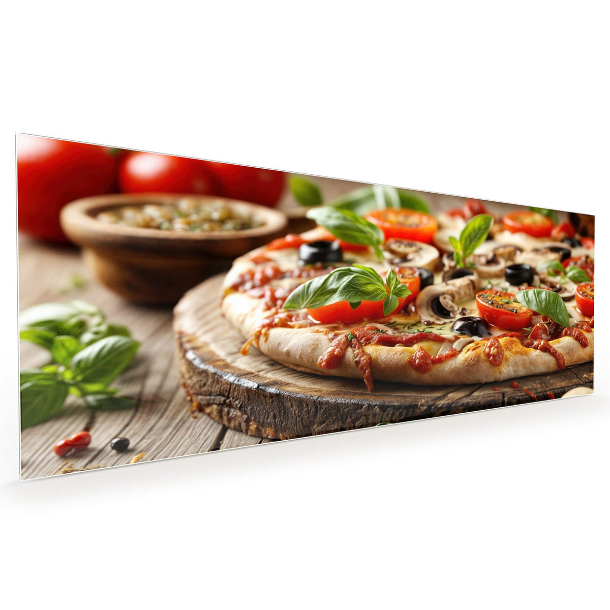 Küchenrückwand aus Glas im Hochformat mit Motiv Pizza auf Holzbrett: Gemüsepizza auf einer rustikalen Holzscheibe, Basilikum und Tomaten drumherum, kein Ofen #grösse_40 x 100 cm #grösse_50 x 125 cm #grösse_60 x 150 cm