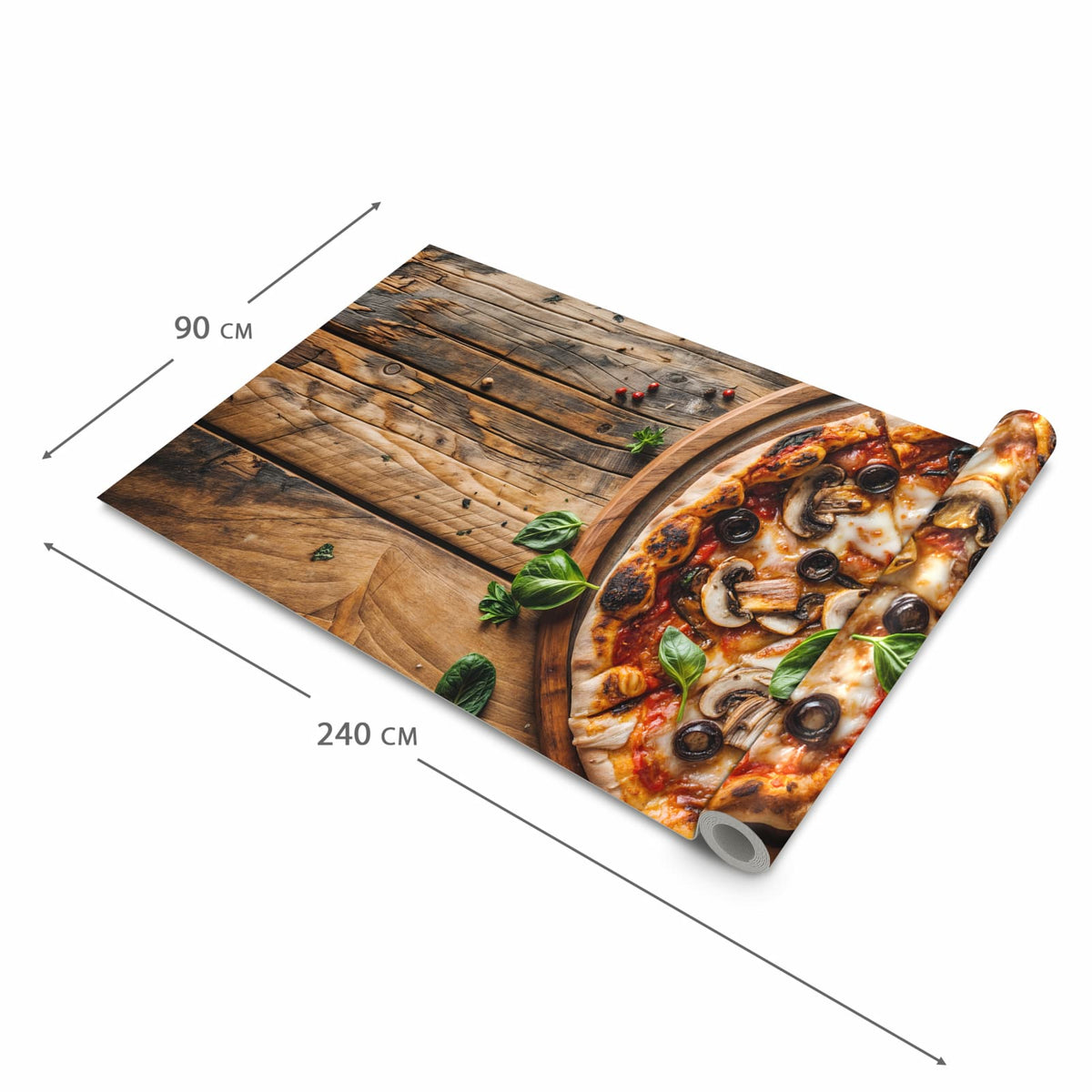 Rutschfester Küchenläufer mit Motiv Holztisch Pizza in der Grösse 90x240 cm für Trittkomfort