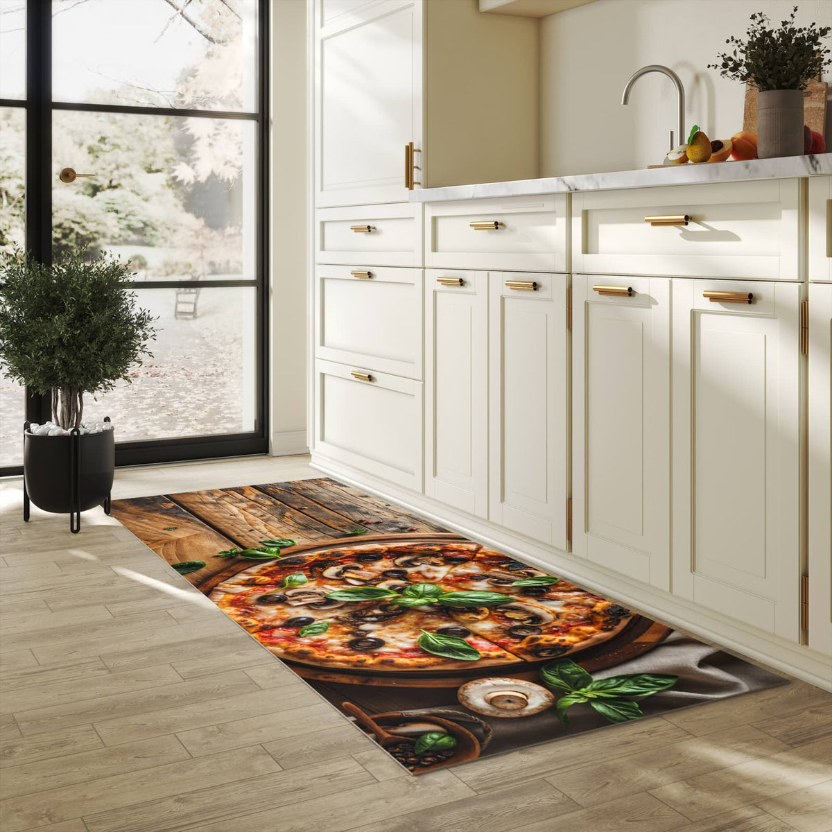 Hygienischer rutschfester Küchenteppich mit Motiv Holztisch Pizza in heller Küche