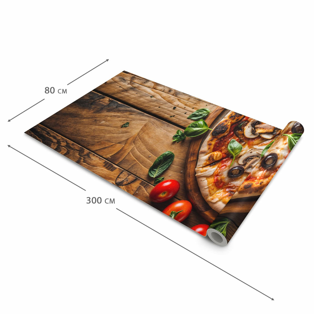 Abriebfester rutschfester Küchenläufer mit Motiv Holztisch Pizza in der Größe 90x240 cm