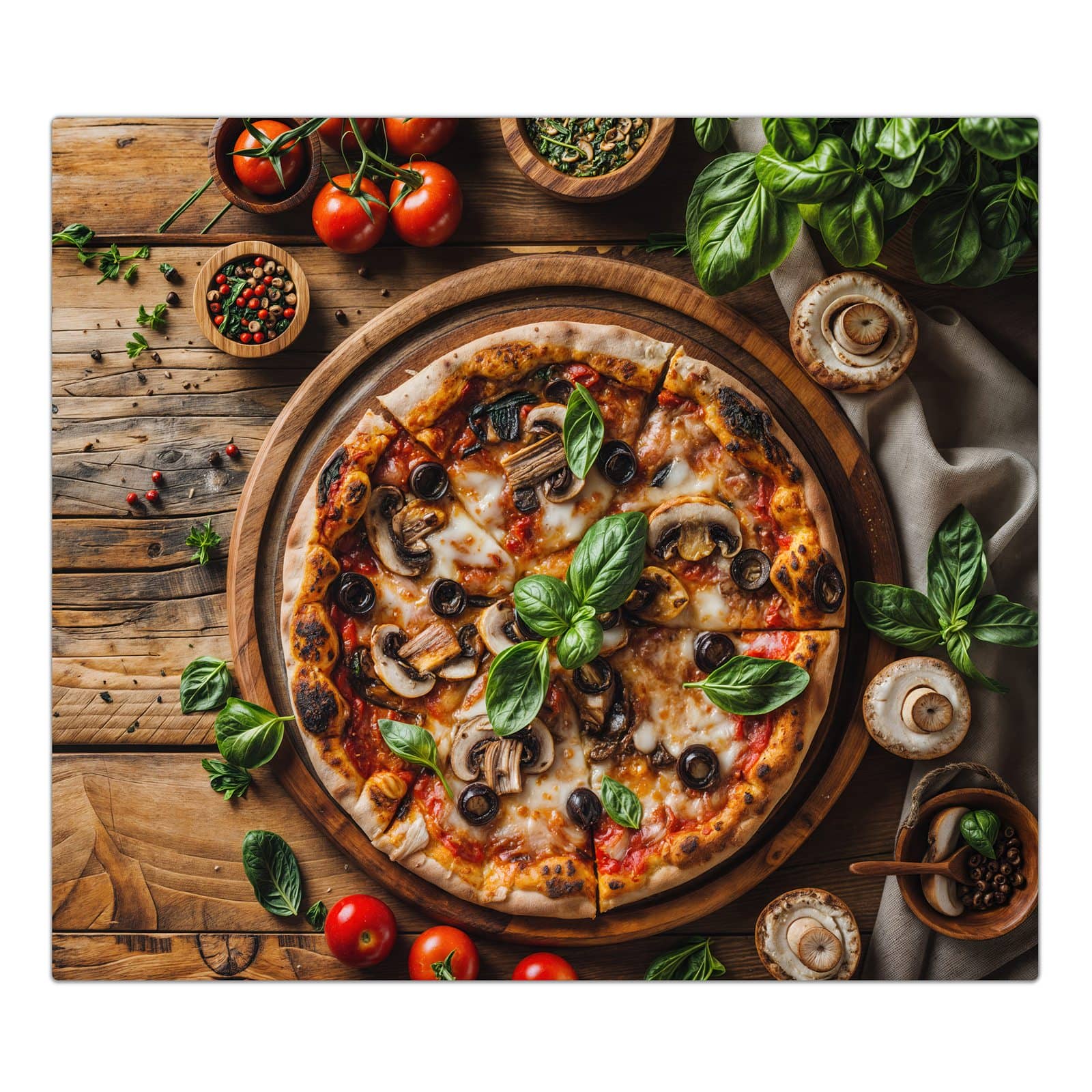 1-teilige Herdabdeckplatten für Ceranfeld mit Holztisch Pizza-Motiv in der Frontansicht