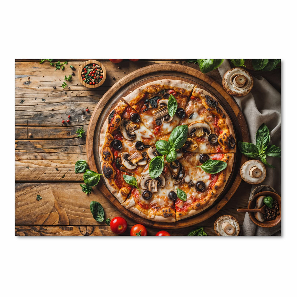 Feuchtigkeitsresistenter Küchenläufer mit Motiv Holztisch Pizza in Frontansicht zum Waschen