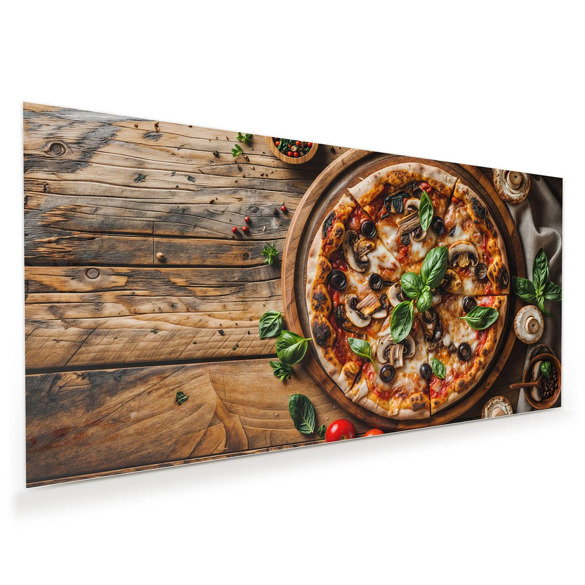 Runde Pizza mit Champignons, schwarzen Oliven und Basilikum auf Holzbrett, ringsum Tomaten und Pilze.