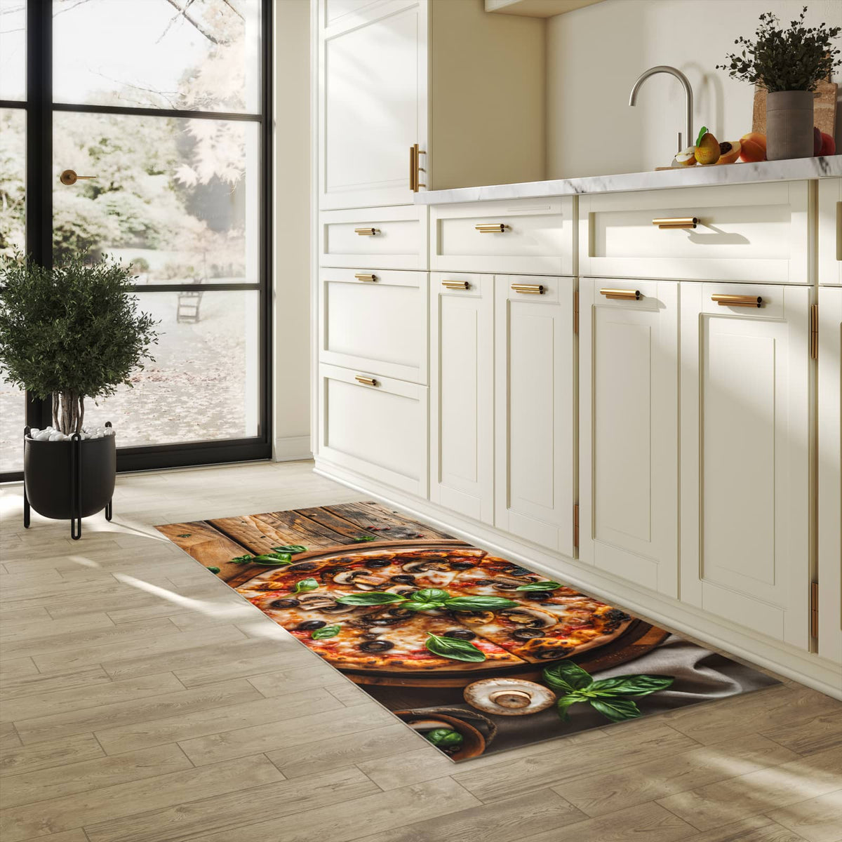 Pflegeleichter dünner Teppich mit Motiv Holztisch Pizza in heller Küche