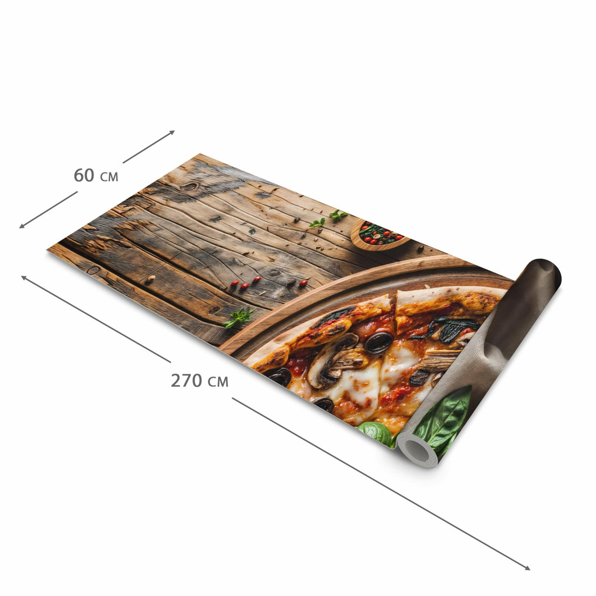 Bodenschonender großer Küchenteppich mit Motiv Holztisch Pizza in der Größe 90x240 cm
