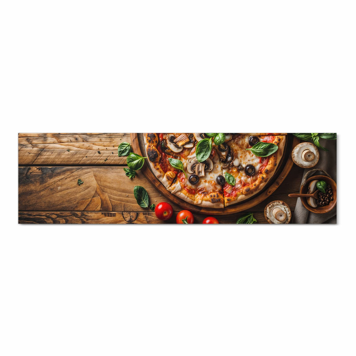 Abwaschbarer Küchenläufer mit Motiv Holztisch Pizza in Frontansicht für Ordnung