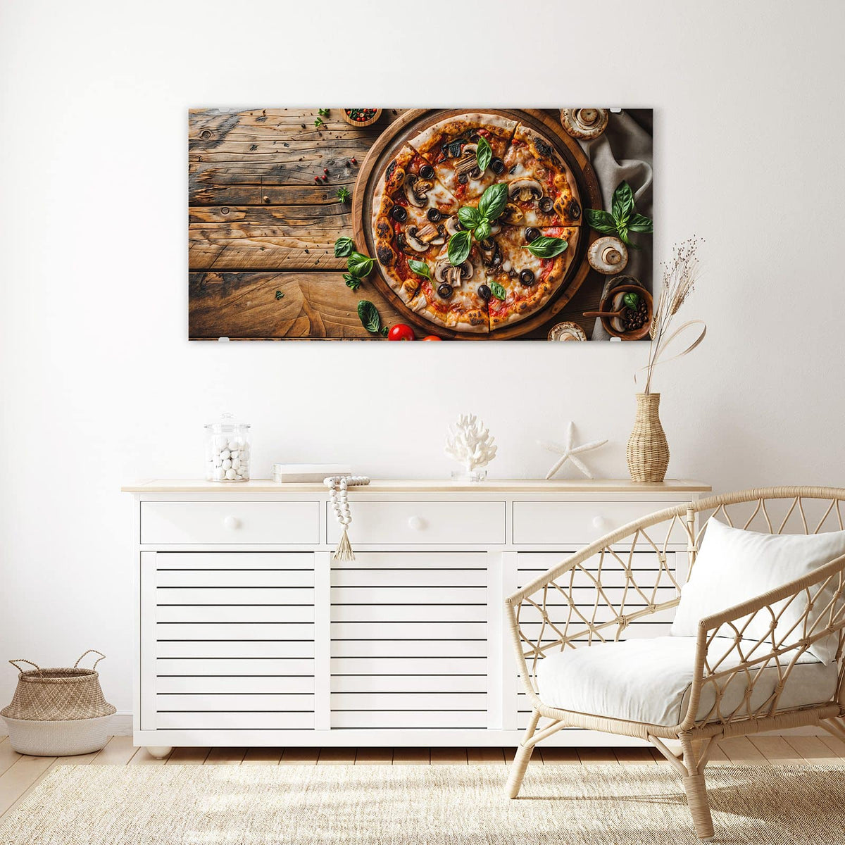 Echtglas, 4 mm – kein Acryl, keine Folie – Wandbild - Pizza mit Champignons - Querformat