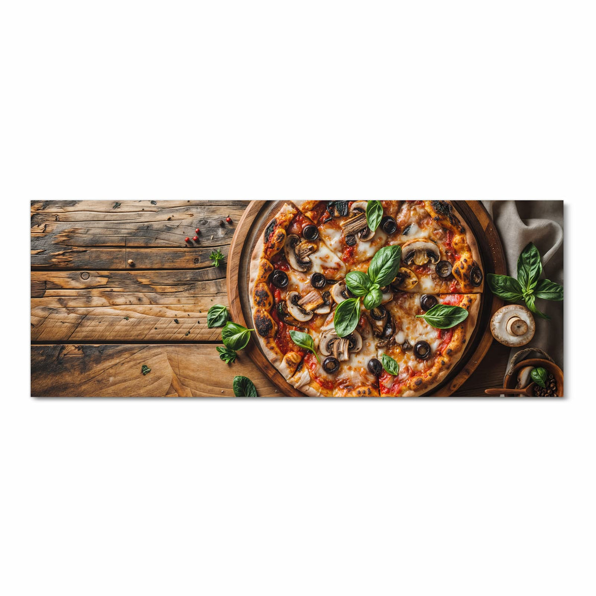 Farbbeständiger Küchenteppich mit Motiv Holztisch Pizza in Frontansicht