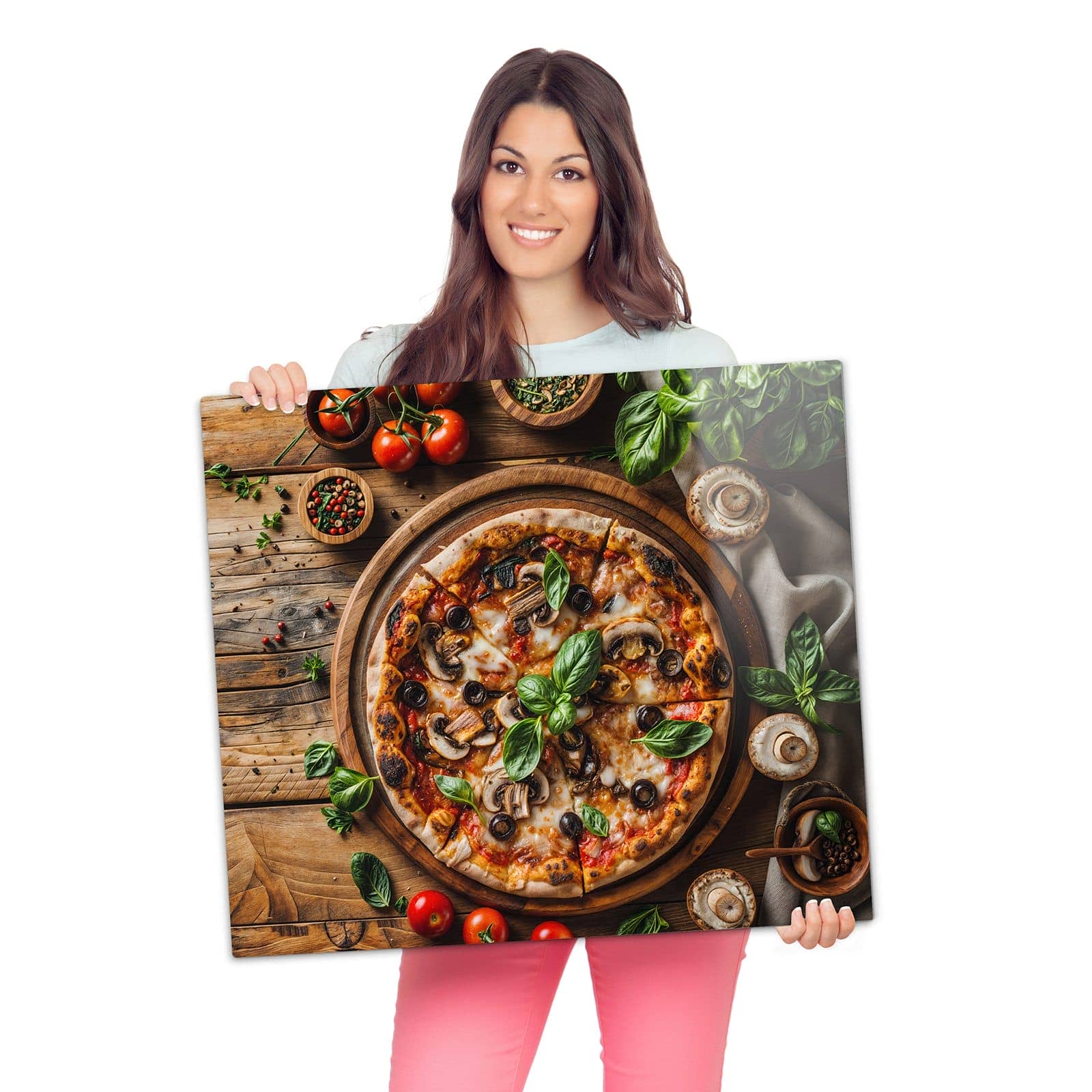 1-teilige Abdeckplatte für Herd mit Holztisch Pizza-Motiv wird zur Größendarstellung gehalten