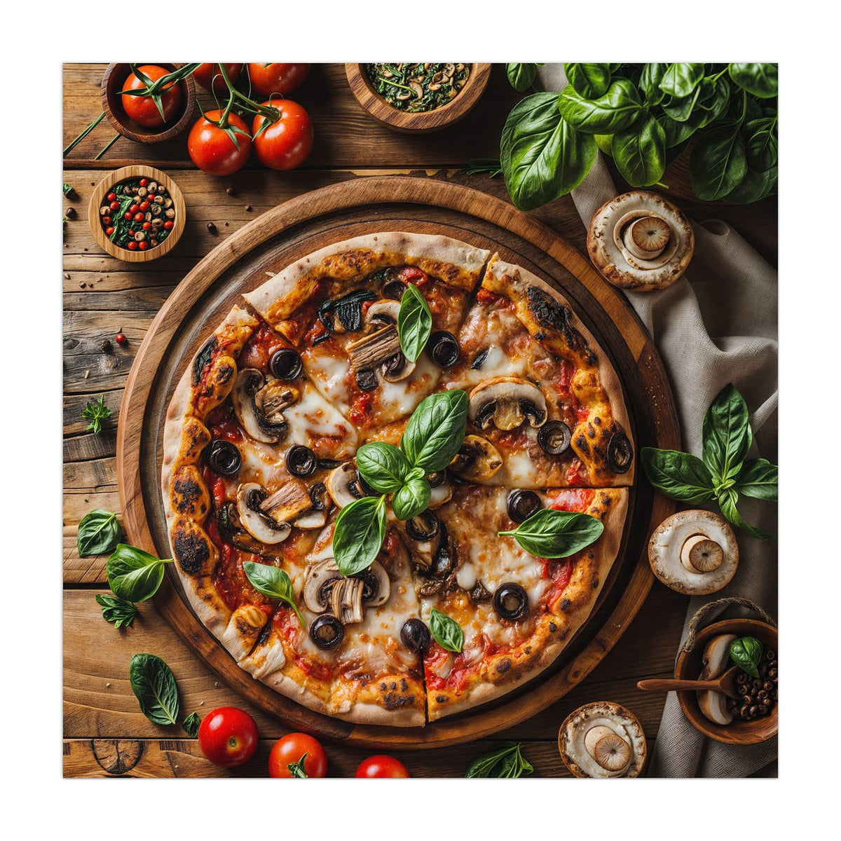 Küchenrückwand aus Glas Pizza mit Champignons im quadratischen Format, Motiv bildfüllend von vorn