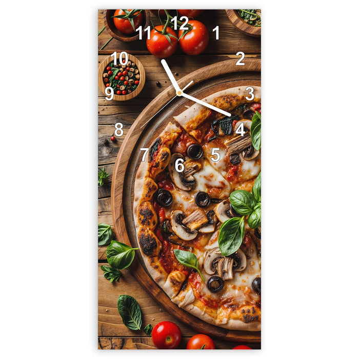 Wanduhr Holztisch Pizza aus Glas – Hochformat 30 × 60 cm mit Ziffernblatt Modern