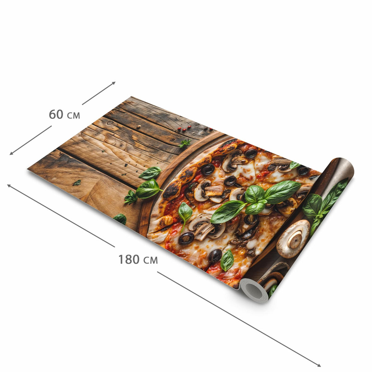Bodenschonender Küchenteppich mit Motiv Holztisch Pizza in der Grösse 90x240 cm, waschbar