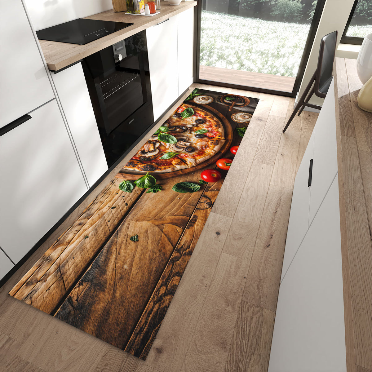 Zeitsparender langer Teppich mit Motiv Holztisch Pizza in moderner Küche