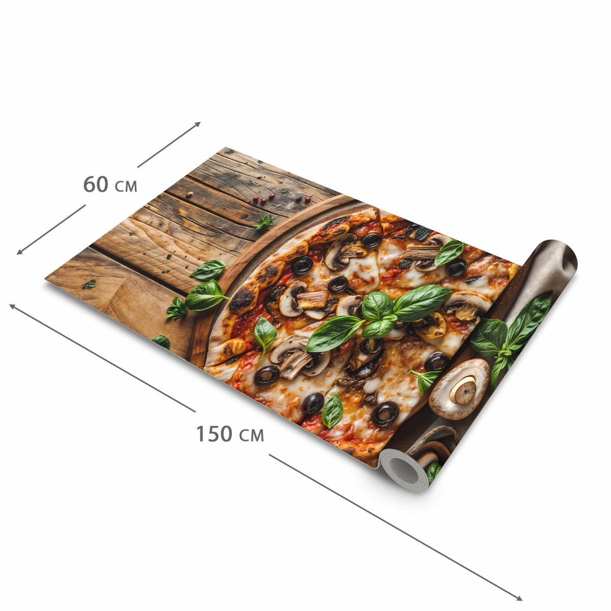 Feuchtigkeitsresistenter Küchenteppich mit Motiv Holztisch Pizza in der Größe 90x240 cm