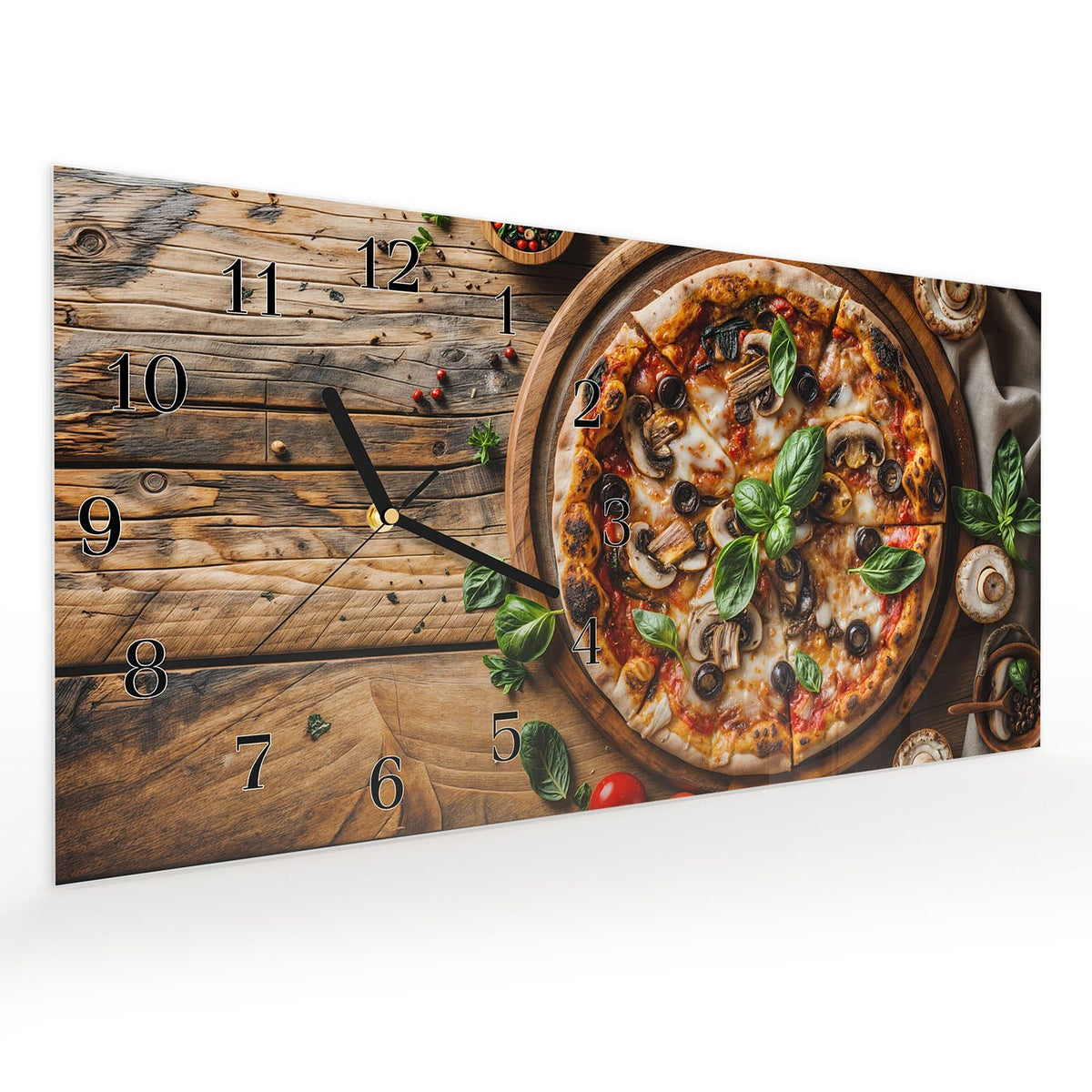 Vormontiert – mit Schwebeeffekt – Wanduhr Holztisch Pizza aus Glas – Querformat 60 × 30 cm