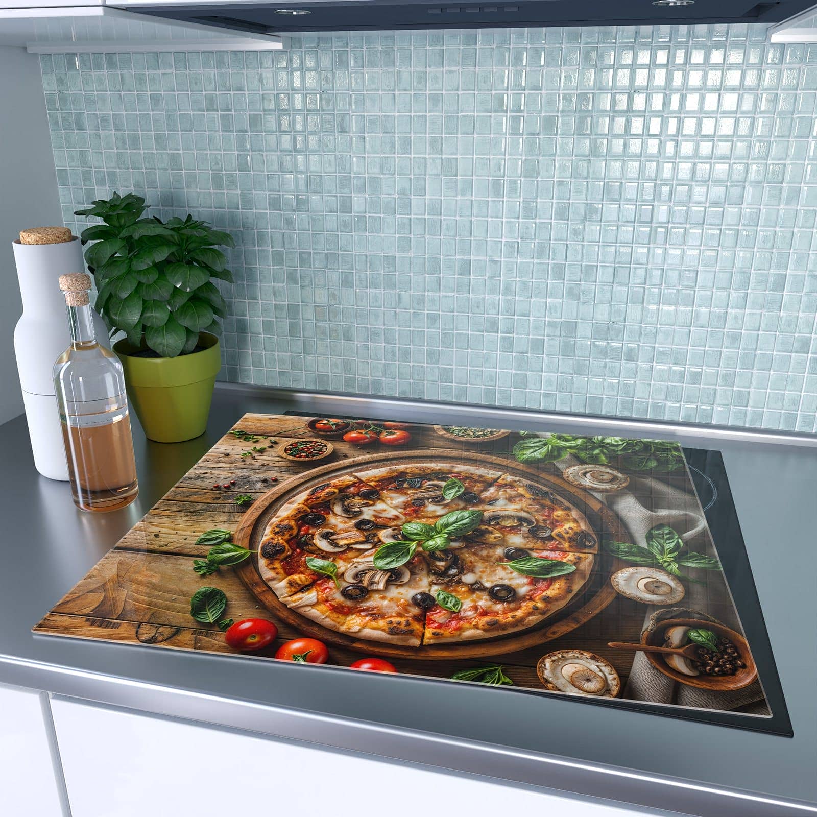 1-teilige Herdabdeckung für Induktionsfeld mit Holztisch Pizza-Motiv auf dem Ceranfeld