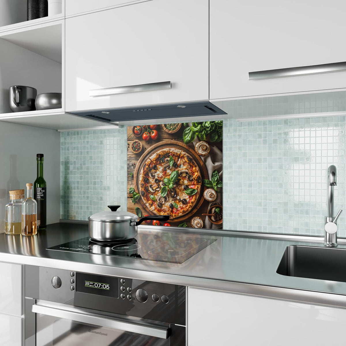 Küchenrückwand aus Glas Pizza mit Champignons im quadratischen Format als Spritzschutz hinter dem Kochfeld, über dem Fliesenspiegel montiert
