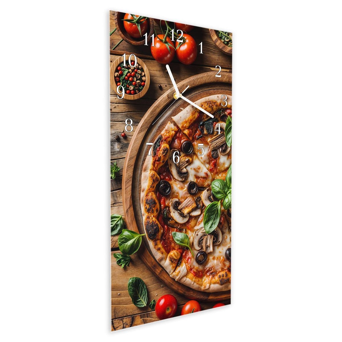 Vormontiert – mit Schwebeeffekt – Wanduhr Holztisch Pizza aus Glas – Hochformat 30 × 60 cm
