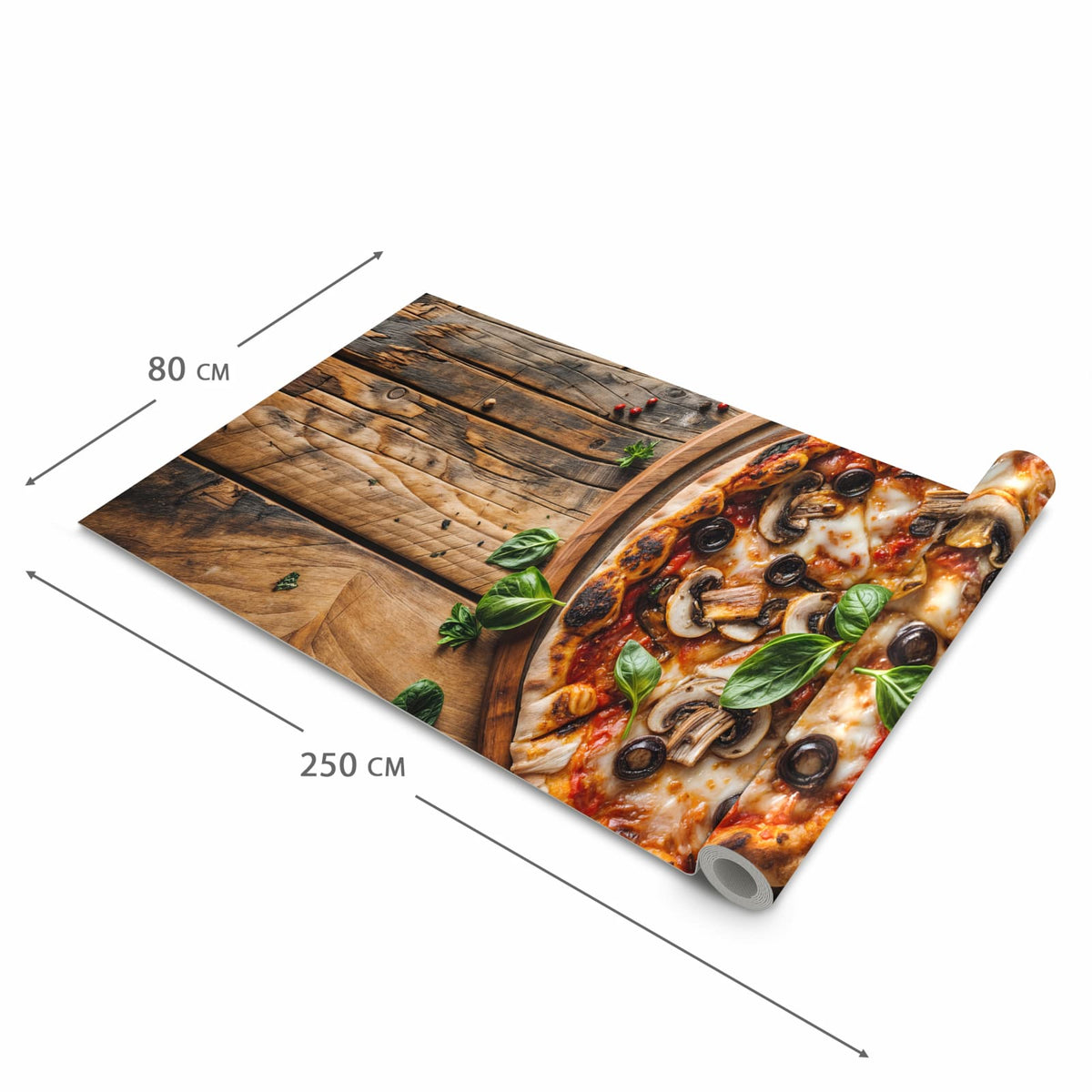 Zeitsparender Küchenläufer mit Motiv Holztisch Pizza in der Grösse 90x240 cm