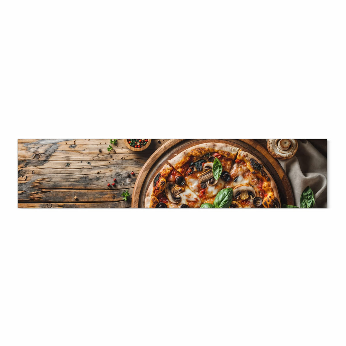 Langlebiger Küchenläufer mit Motiv Holztisch Pizza in Frontansicht für moderne Küchen