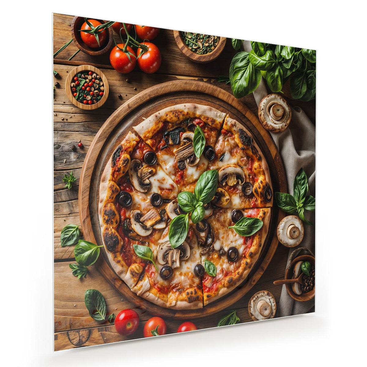 Runde Pizza mit Champignons, schwarzen Oliven und Basilikum auf Holzbrett, ringsum Tomaten und Pilze.