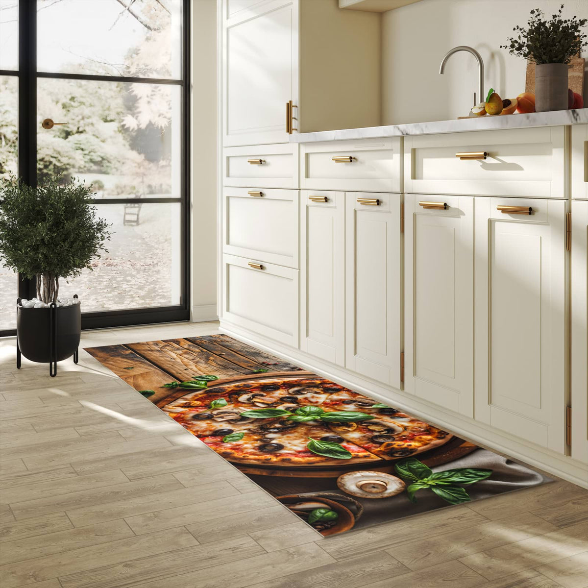 Komfortabler rutschfester Küchenteppich mit Motiv Holztisch Pizza in heller Küche