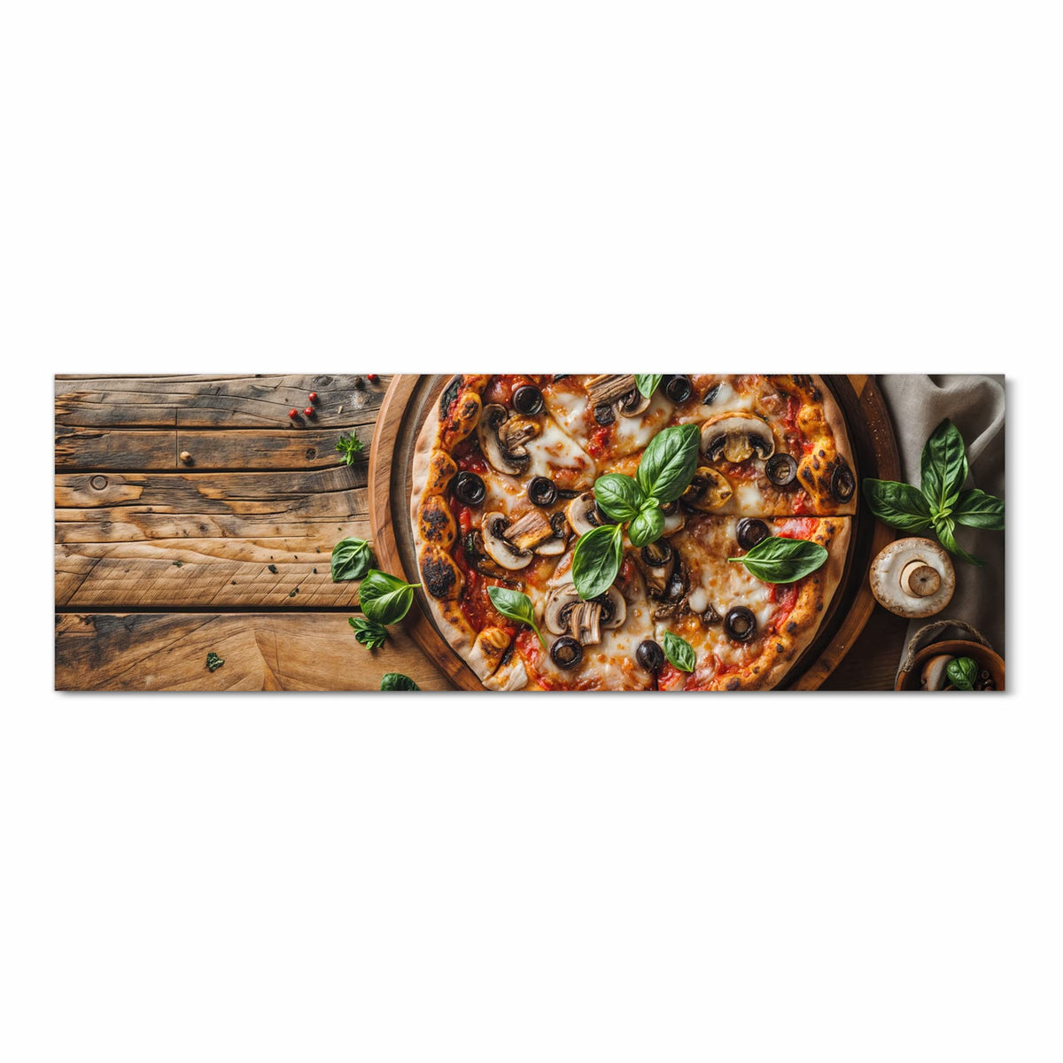 Strapazierfähiger waschbarer Küchenläufer mit Motiv Holztisch Pizza in Frontansicht